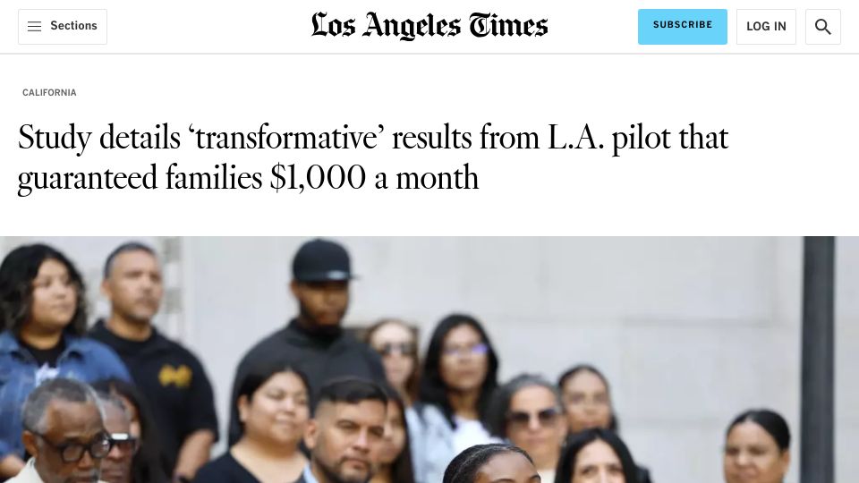 Screenshot of latimes.com: L.A. pilot guaranteeing families $1k/month shows 'transformative' results: study