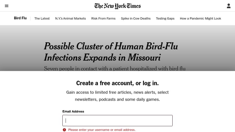 Screenshot of nytimes.com: Possible cluster of human bird-flu infections expands in Missouri