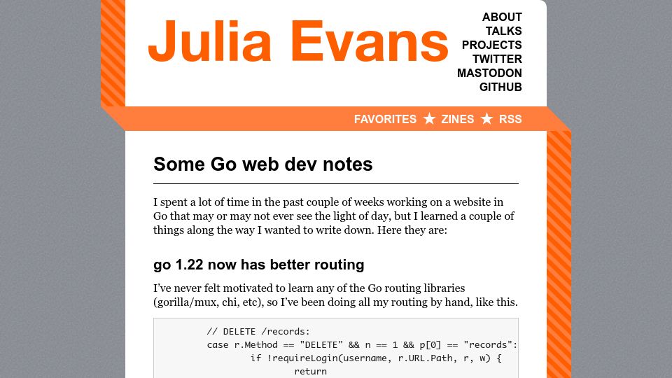Screenshot of jvns.ca: Some Go web dev notes