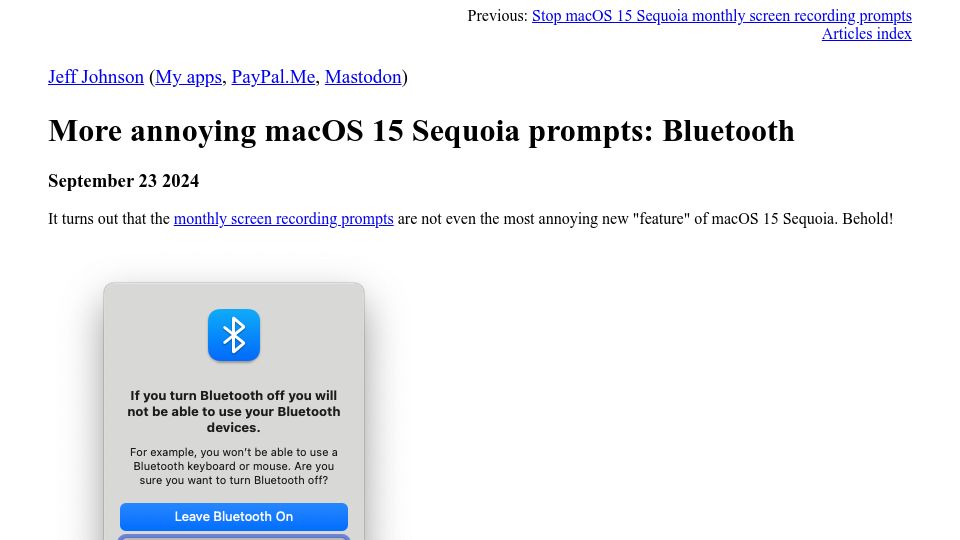 Screenshot of lapcatsoftware.com: More annoying macOS 15 Sequoia prompts: Bluetooth