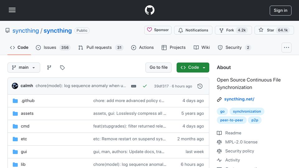 Screenshot of github.com: Syncthing: Open-Source Continuous File Sync with Privacy in Mind