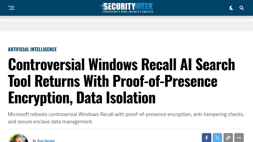 Screenshot of securityweek.com: Controversial Windows Recall AI Search Tool Returns with Proof-of-Presence