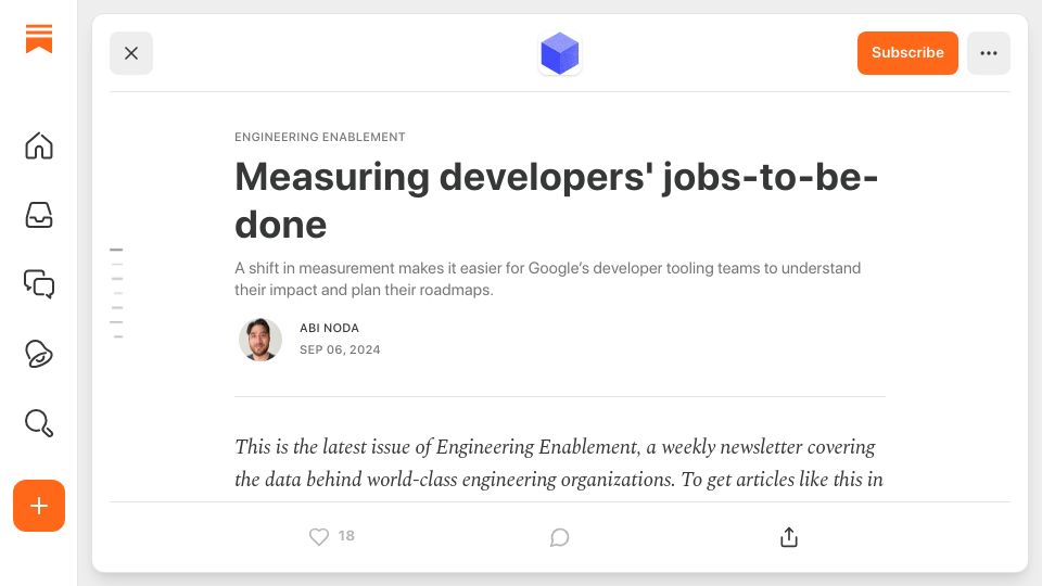 Screenshot of substack.com: Measuring Developers' Jobs-to-be-done
