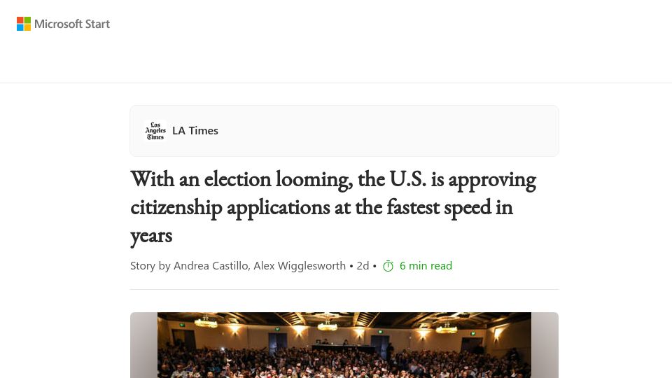 Screenshot of msn.com: The U.S. is approving citizenship applications at the fastest speed in years