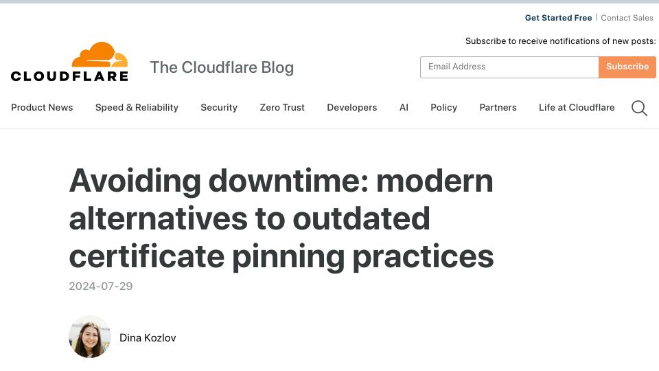 Screenshot of blog.cloudflare.com: Avoiding downtime: modern alternatives to outdated certificate pinning practices