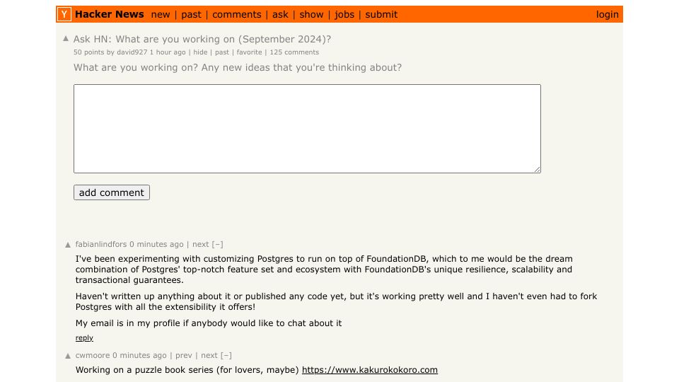 Screenshot of Hacker News post: Ask HN: What are you working on (September 2024)?