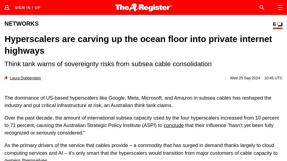 Screenshot of theregister.com: Hyperscalers are carving up the ocean floor into private internet highways