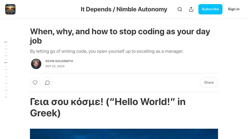 Screenshot of kevingoldsmith.substack.com: When, why, and how to stop coding as your day job
