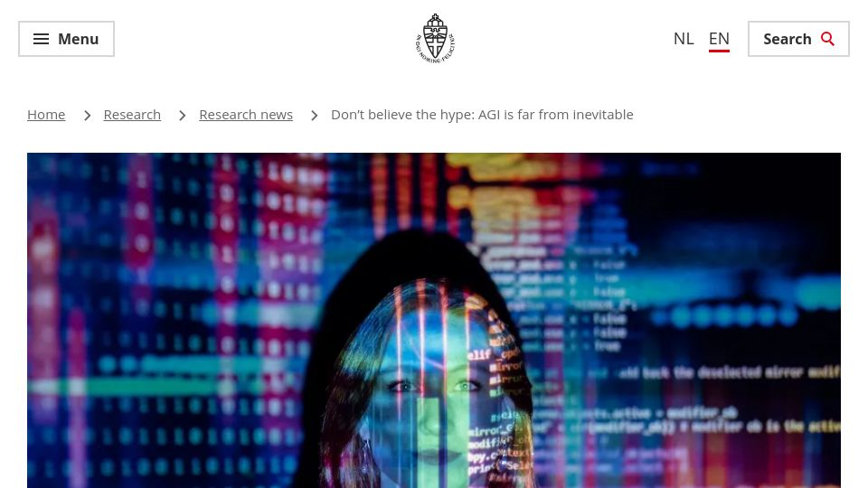 Screenshot of ru.nl: Don't believe the hype: AGI is far from inevitable