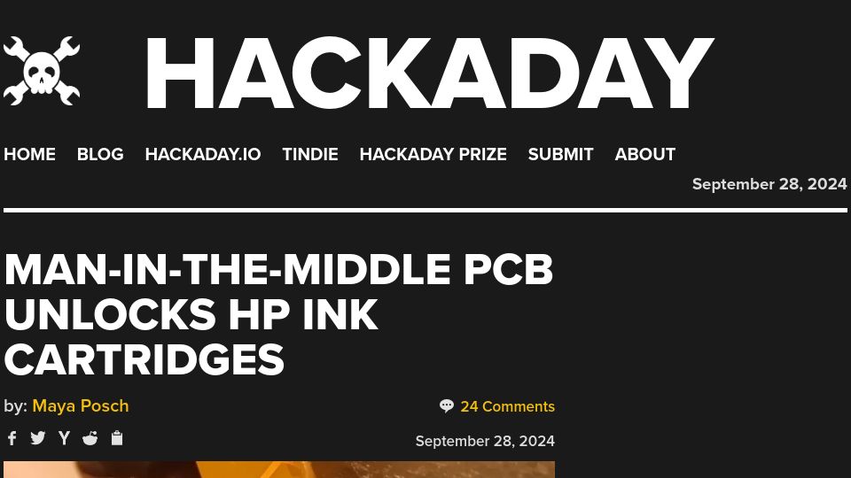 Screenshot of hackaday.com: Man-in-the-Middle PCB Unlocks HP Ink Cartridges