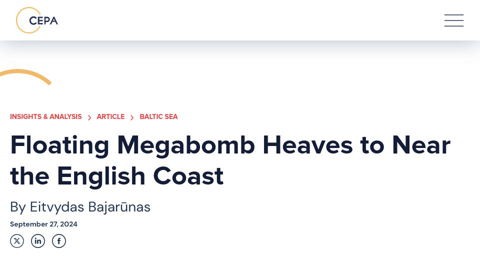 Screenshot of cepa.org: Floating megabomb heaves to near the English coast