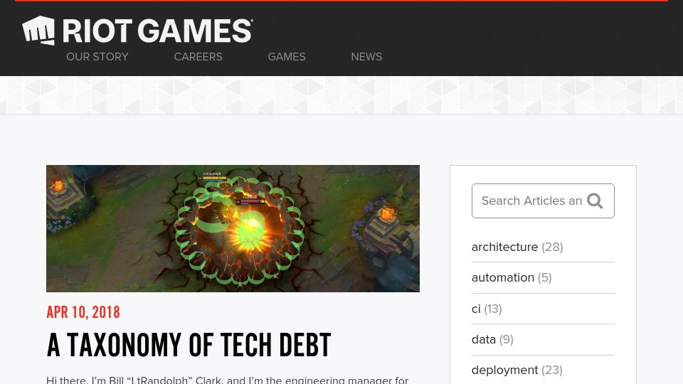 Screenshot of technology.riotgames.com: A Taxonomy of Tech Debt (2018)