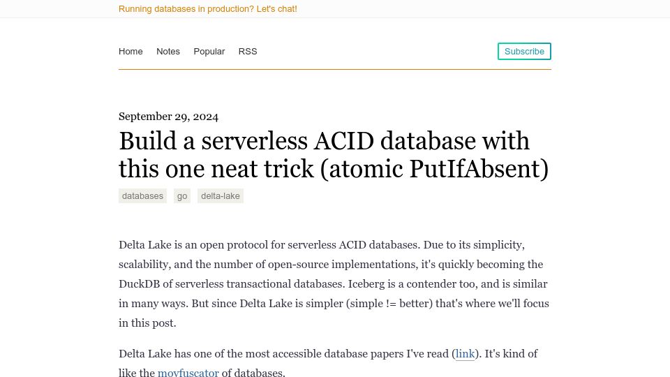 Screenshot of notes.eatonphil.com: Build a serverless ACID database with this one neat trick (atomic PutIfAbsent)