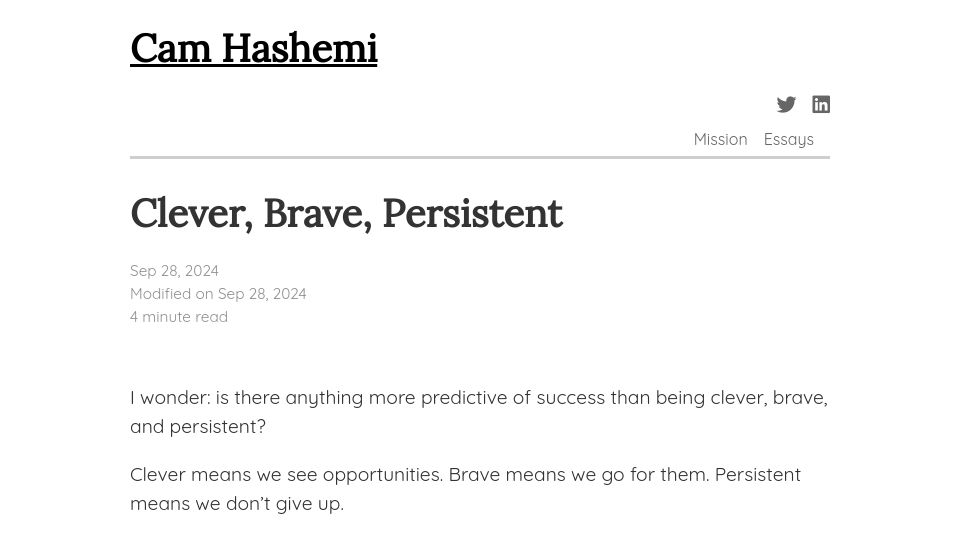 Screenshot of camhashemi.com: Clever, Brave, Persistent