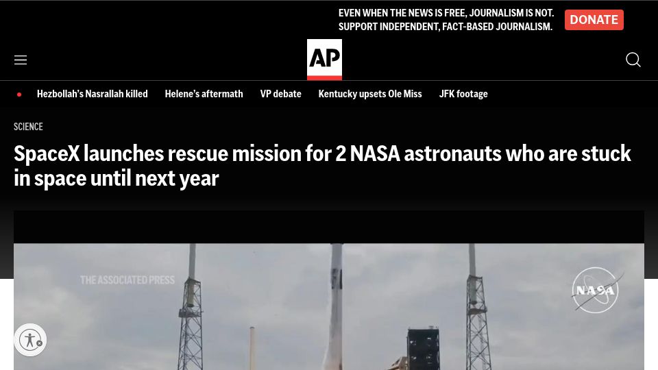 Screenshot of apnews.com: SpaceX launches mission for 2 NASA astronauts who are stuck on the ISS