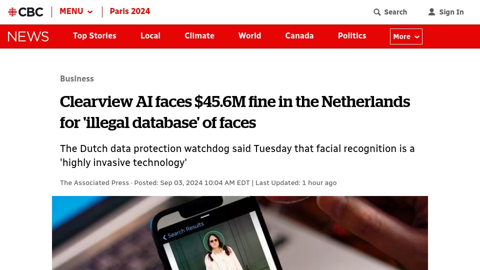 Screenshot of cbc.ca: Clearview AI faces $45.6M fine in the Netherlands for 'illegal database of faces