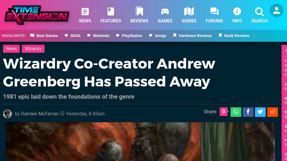 Screenshot of timeextension.com: Wizardry Co-Creator Andrew Greenberg Has Passed Away