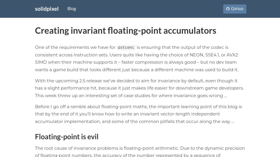 Screenshot of solidpixel.github.io: Creating invariant floating-point accumulators