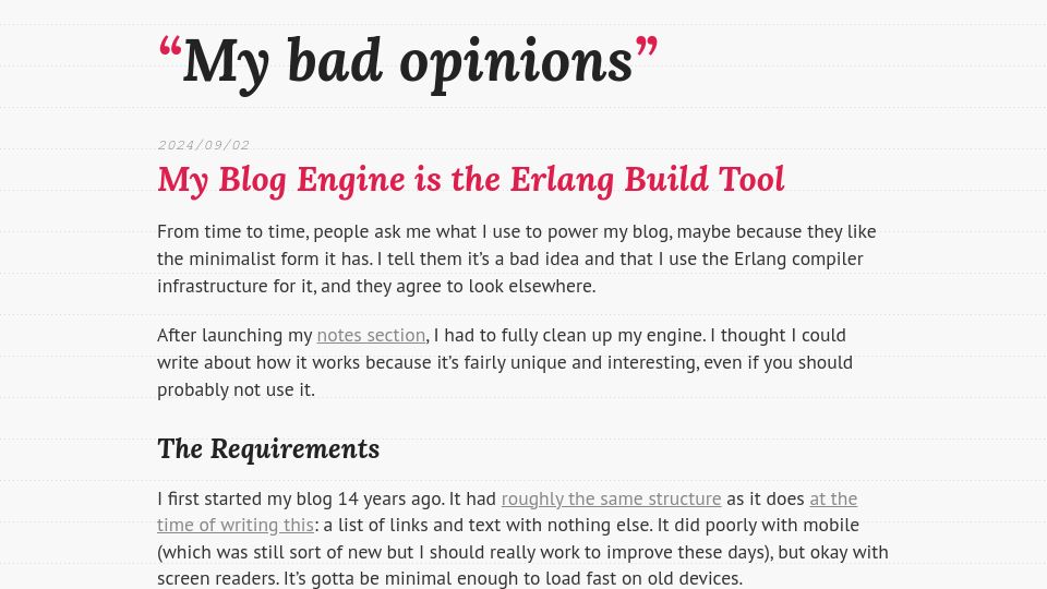 Screenshot of ferd.ca: My Blog Engine Is the Erlang Build Tool