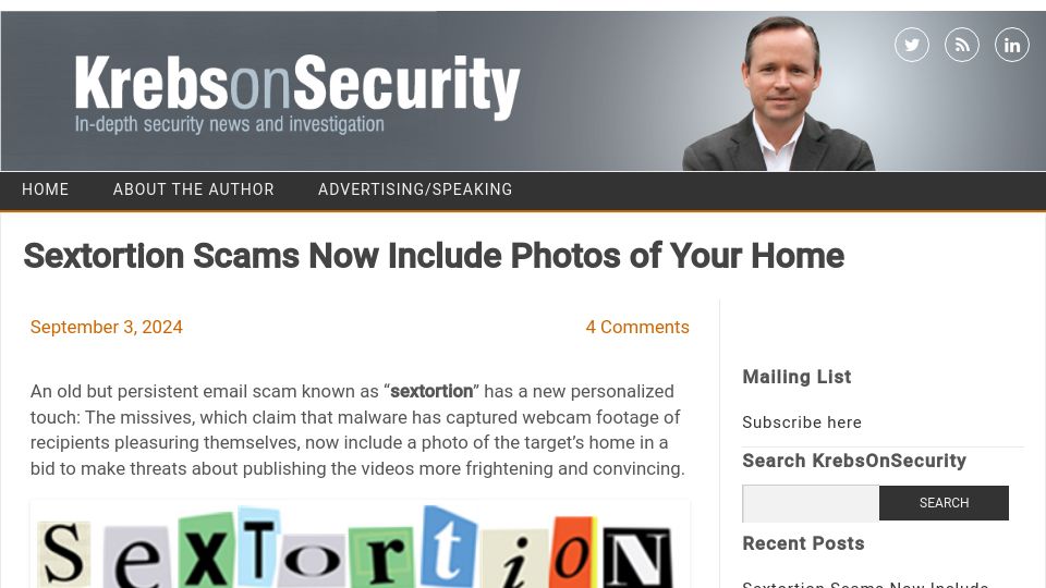Screenshot of krebsonsecurity.com: Sextortion Scams Now Include Photos of Your Home