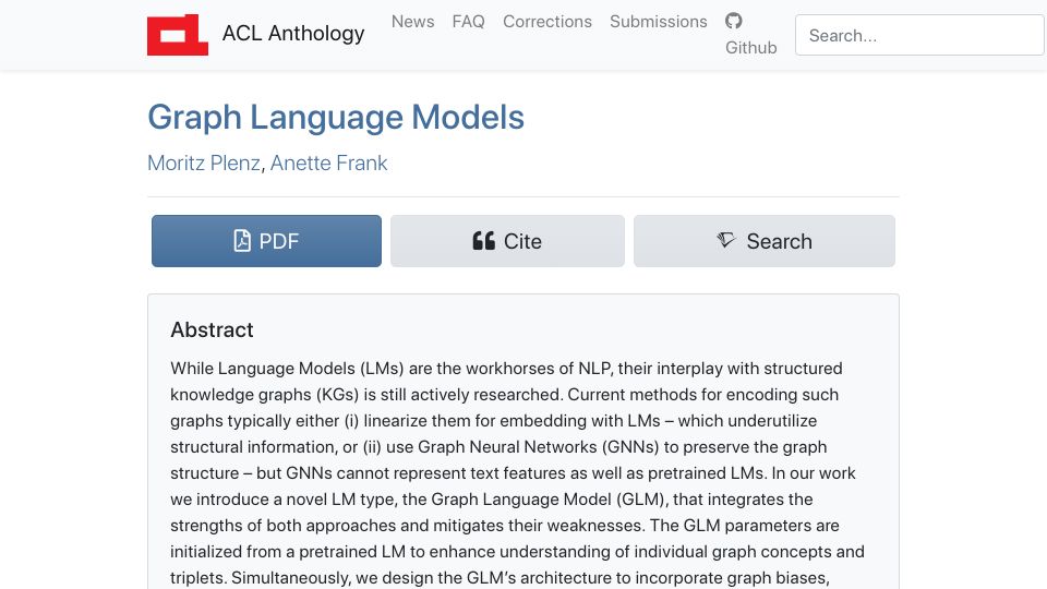 Screenshot of aclanthology.org: Graph Language Models