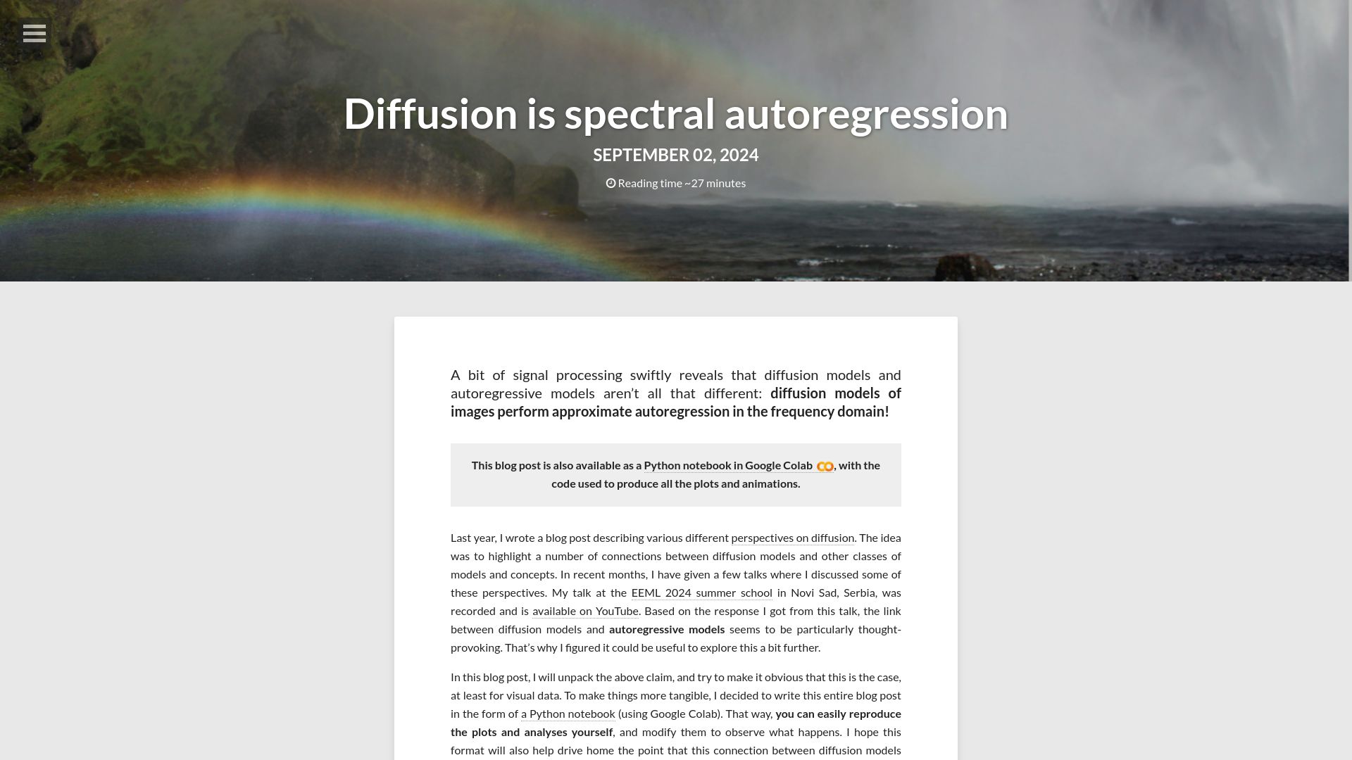 Screenshot of sander.ai: Diffusion Is Spectral Autoregression