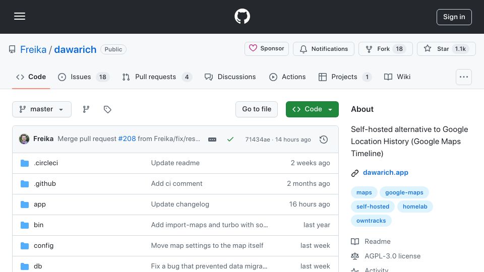 Screenshot of github.com: Dawarich: Self-hosted alternative to Google Location History