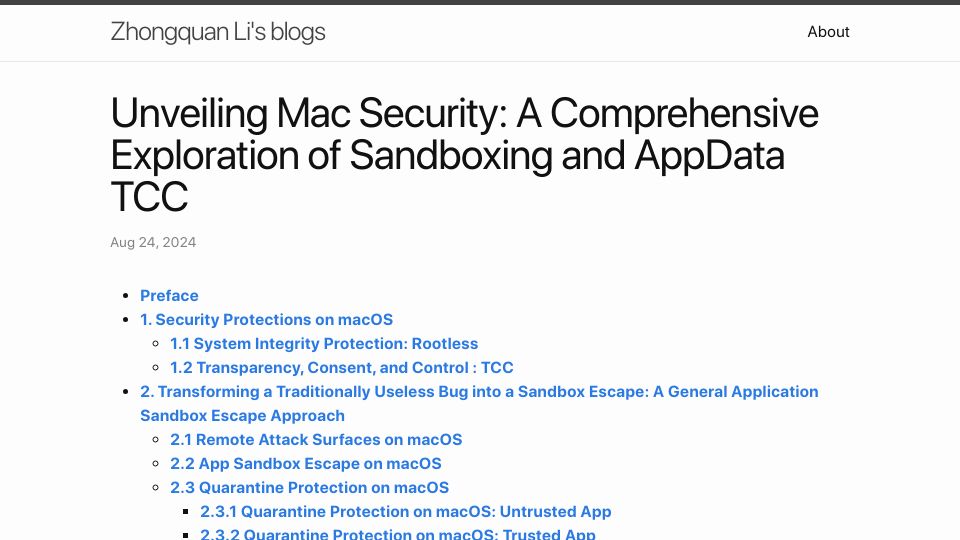 Screenshot of imlzq.com: Unveiling Mac Security: Comprehensive Exploration of Sandboxing and AppData TCC