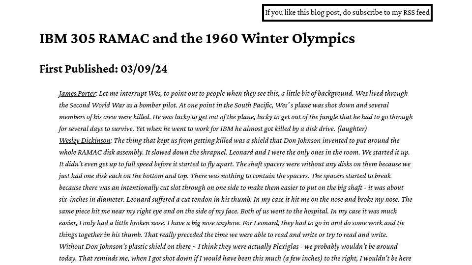 Screenshot of pncnmnp.github.io: IBM 305 RAMAC and the 1960 Winter Olympics