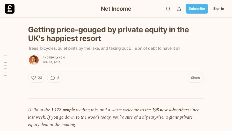 Screenshot of netincome.co: Getting price-gouged by private equity in the UK's happiest resort (2023)