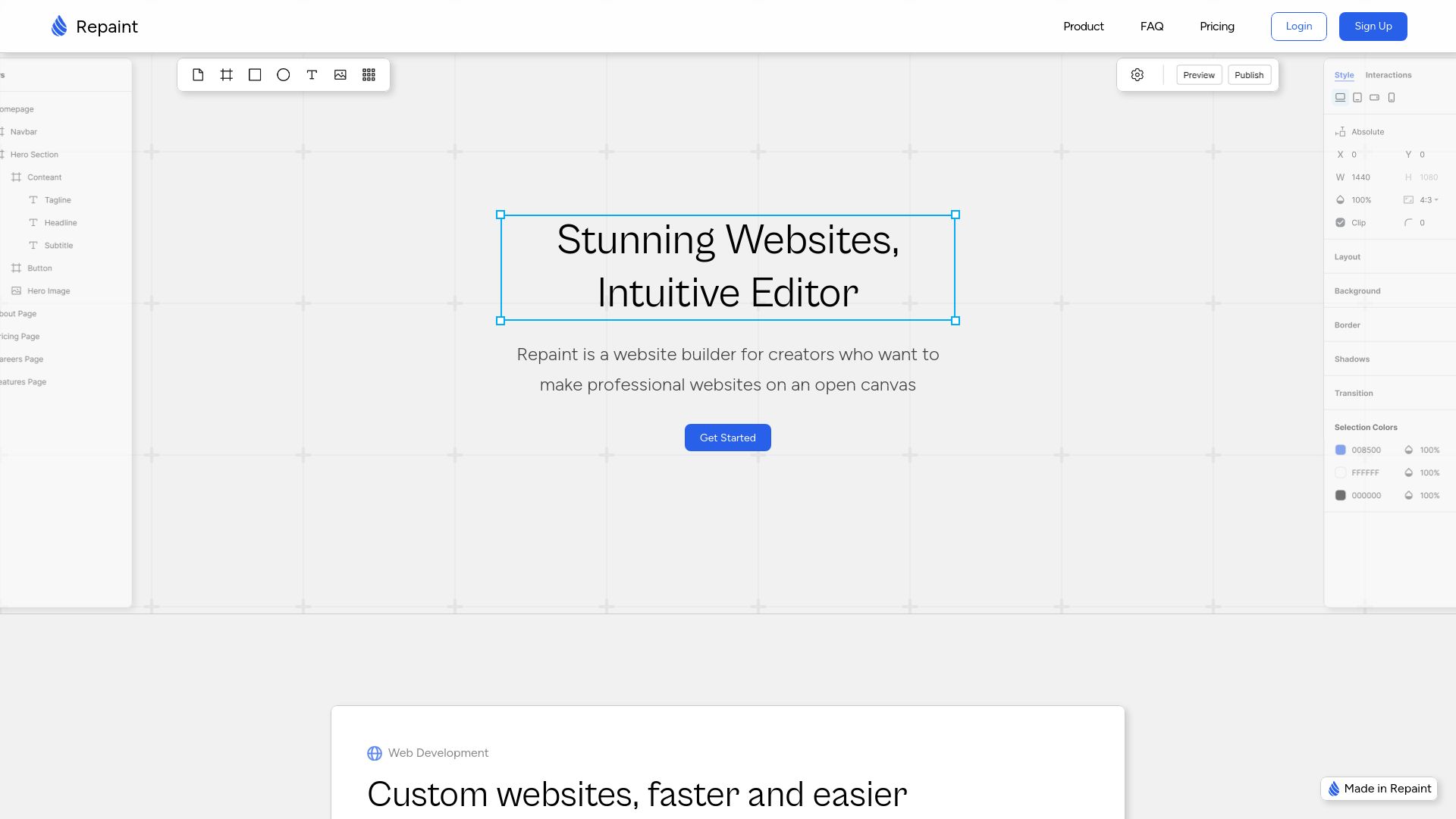Screenshot of repaint.com: Show HN: Repaint – a WebGL based website builder