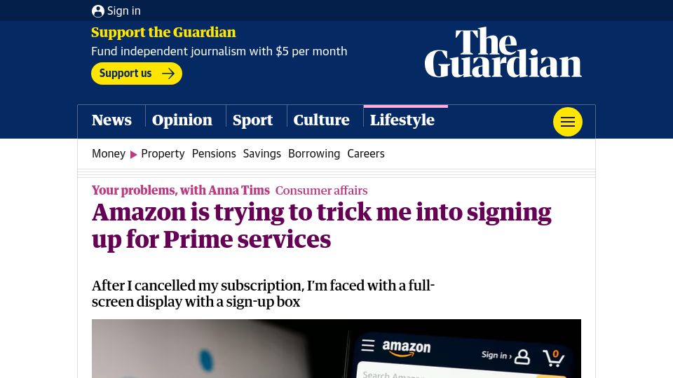 Screenshot of theguardian.com: Amazon is trying to trick me into signing up for Prime services