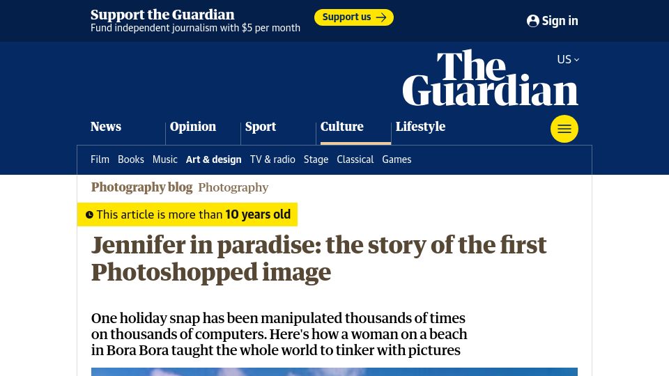Screenshot of theguardian.com: Jennifer in paradise: the story of the first Photoshopped image (2014)