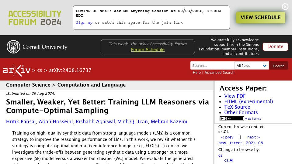 Screenshot of arxiv.org: Smaller, Weaker, yet Better: Training LLM Reasoners via Compute-Optimal Sampling