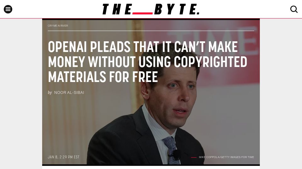 Screenshot of futurism.com: OpenAI Pleads It Can't Make Money Without Using Copyrighted Materials for Free