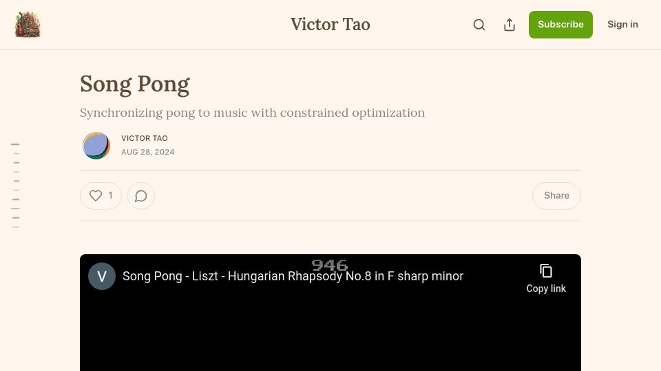 Screenshot of victortao.substack.com: Synchronizing Pong to music with constrained optimization