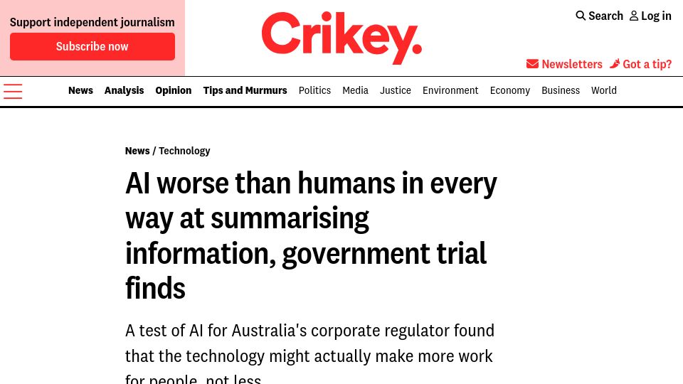 Screenshot of crikey.com.au: AI worse than humans in every way at summarising information, trial finds