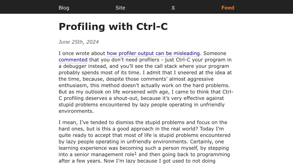 Screenshot of yosefk.com: Profiling with Ctrl-C