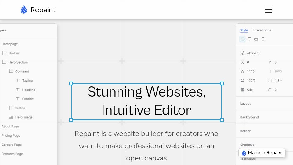 Screenshot of repaint.com: Show HN: Repaint – a WebGL based website builder