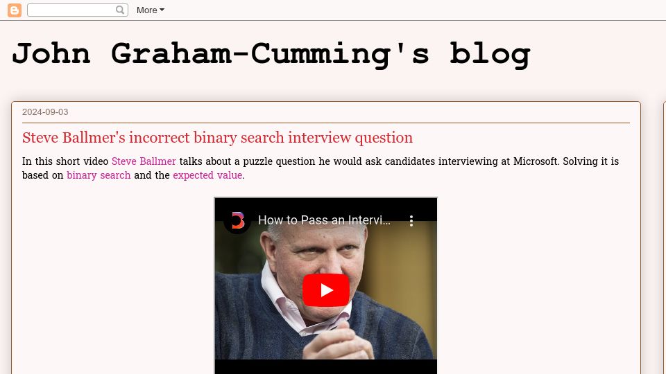 Screenshot of blog.jgc.org: Steve Ballmer's incorrect binary search interview question