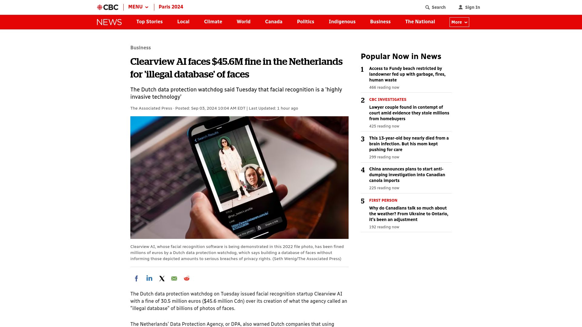 Screenshot of cbc.ca: Clearview AI faces $45.6M fine in the Netherlands for 'illegal database of faces