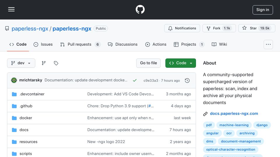 Screenshot of github.com: Paperless-ngx: scan, index and archive all your physical documents