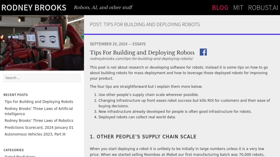 Screenshot of rodneybrooks.com: Tips for Building and Deploying Robots