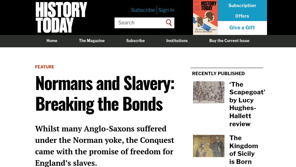 Screenshot of historytoday.com: Normans and Slavery: Breaking the Bonds