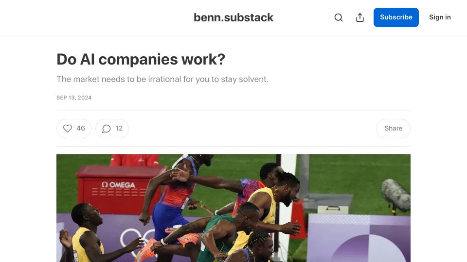 Screenshot of benn.substack.com: Do AI companies work?