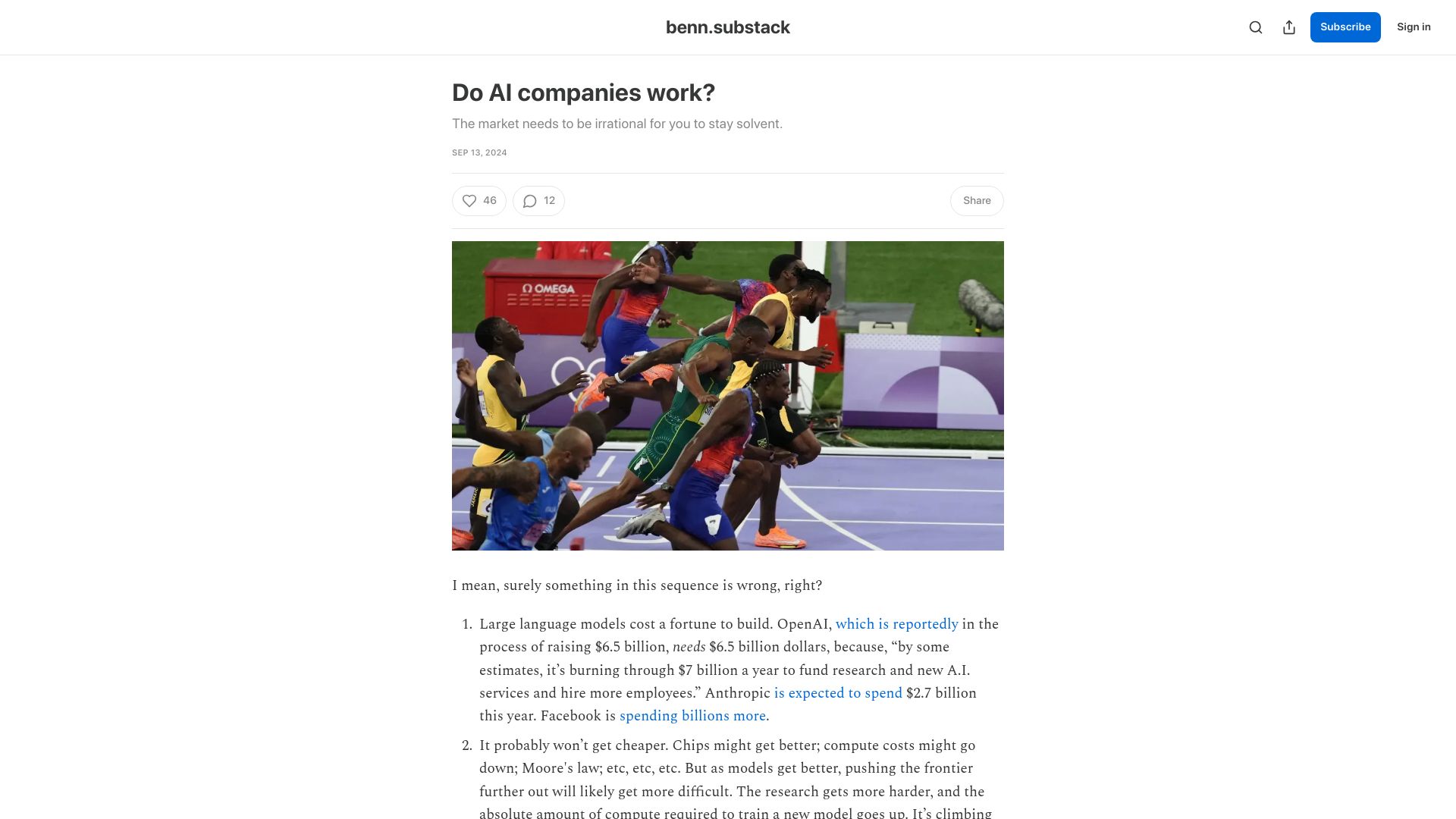 Screenshot of benn.substack.com: Do AI companies work?