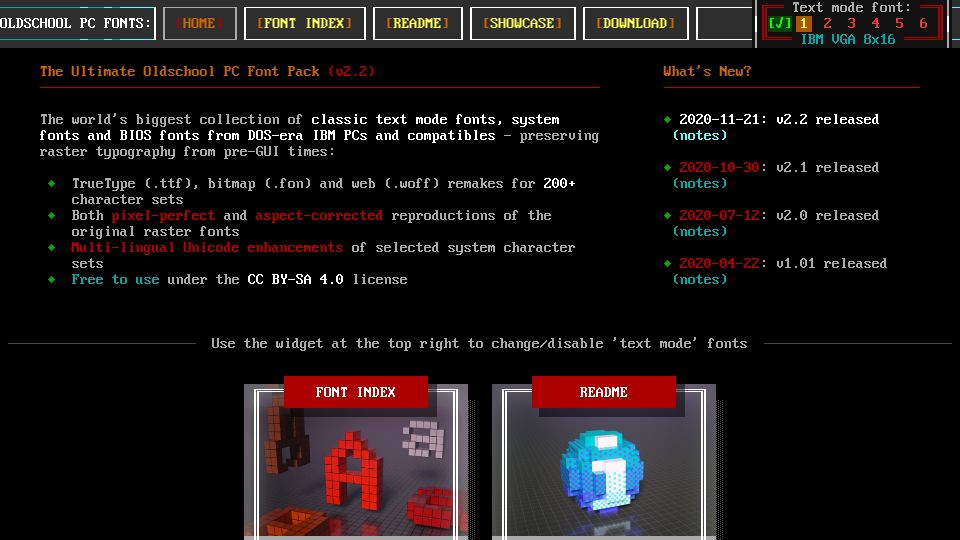 Screenshot of int10h.org: The Ultimate Oldschool PC Font Pack