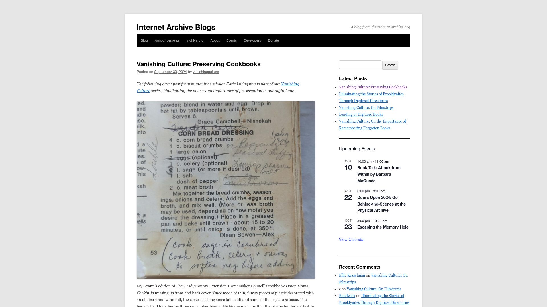 Screenshot of blog.archive.org: Vanishing Culture: Preserving Cookbooks