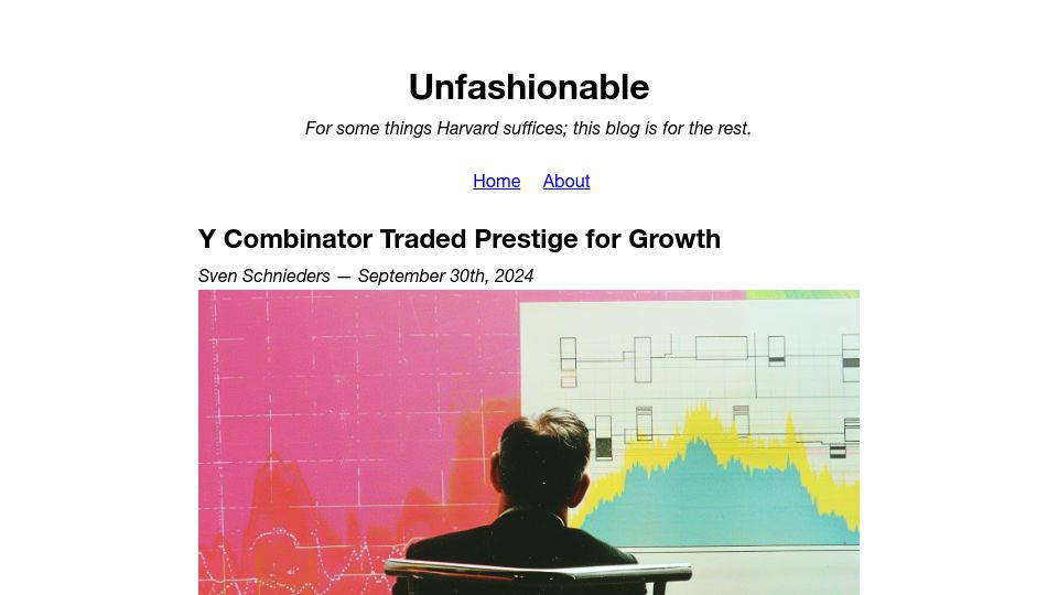 Screenshot of unfashionable.blog: Y Combinator Traded Prestige for Growth