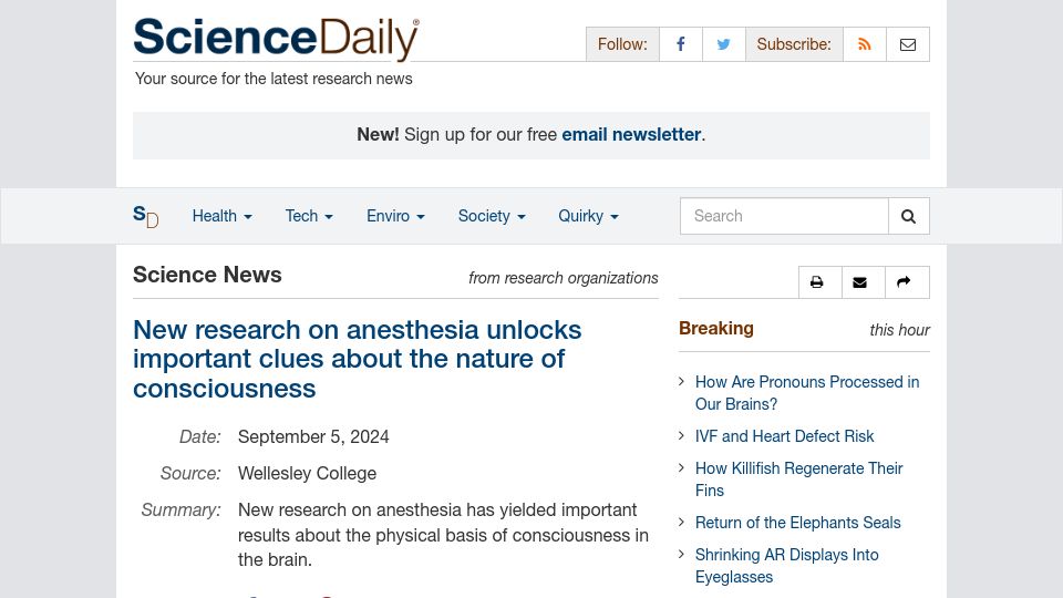 Screenshot of sciencedaily.com: New research on anesthesia and microtubules gives new clues about consciousness